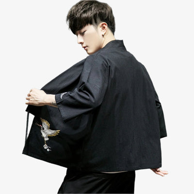 Haori outfit men’s ensemble styled with Japanese influence, perfect for blending cultural heritage with everyday fashion.