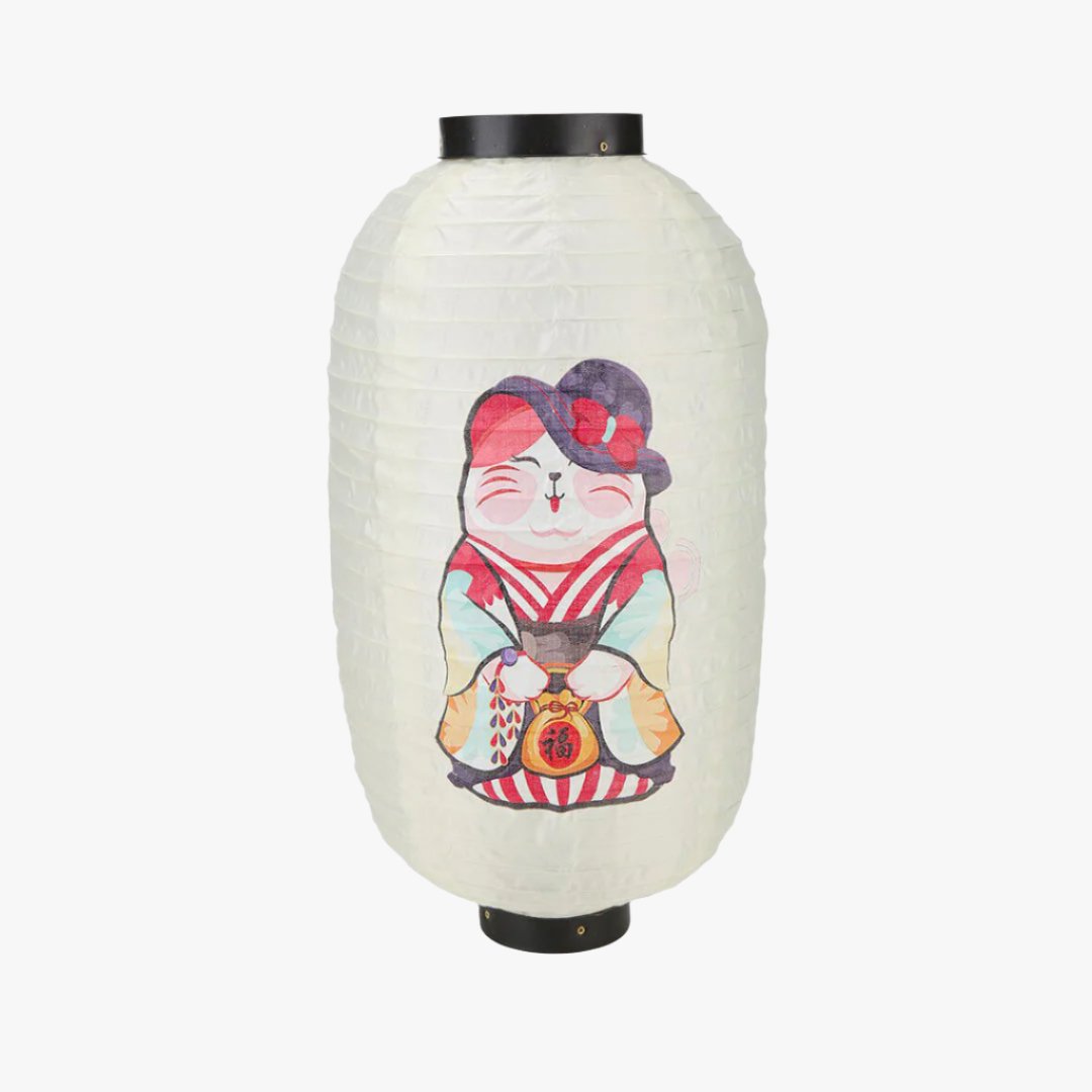 The Japanese cat lantern is a Chochin-style paper lantern, featuring playful cat designs that bring a touch of whimsy to your home decor