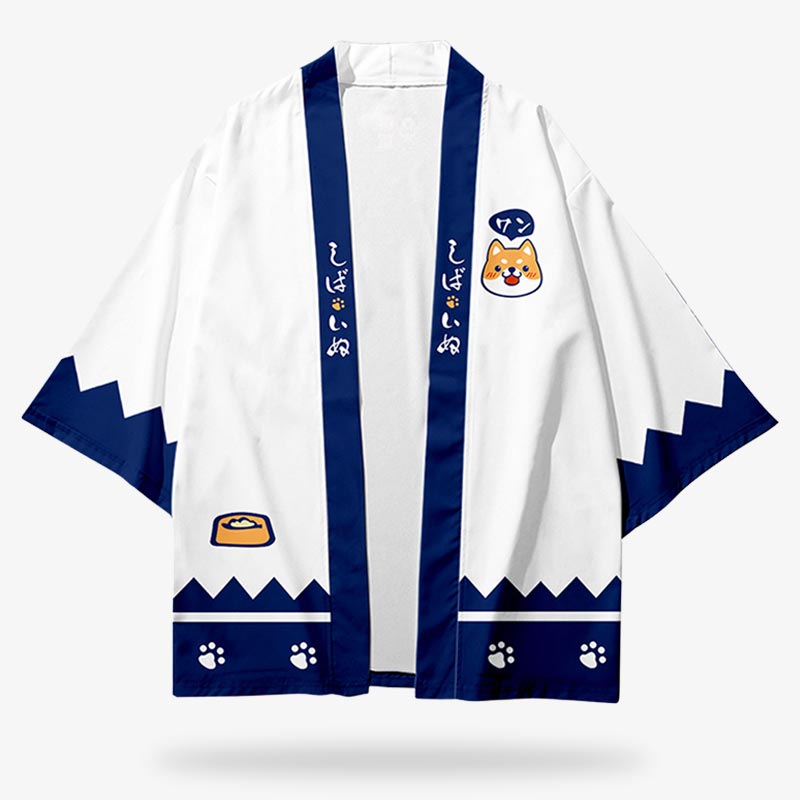 a white kimono japanese kawaii jacket with navy design and japanese shiba dog pattern printed on the haori jacket