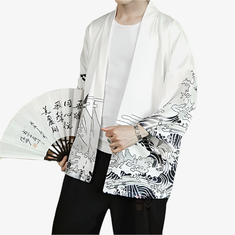Person wearing a white Japanese kimono dragon edition with detailed dragon artwork, representing power and good fortune, crafted from premium silk with black and gray patterns, holding a fan with Chinese calligraphy.