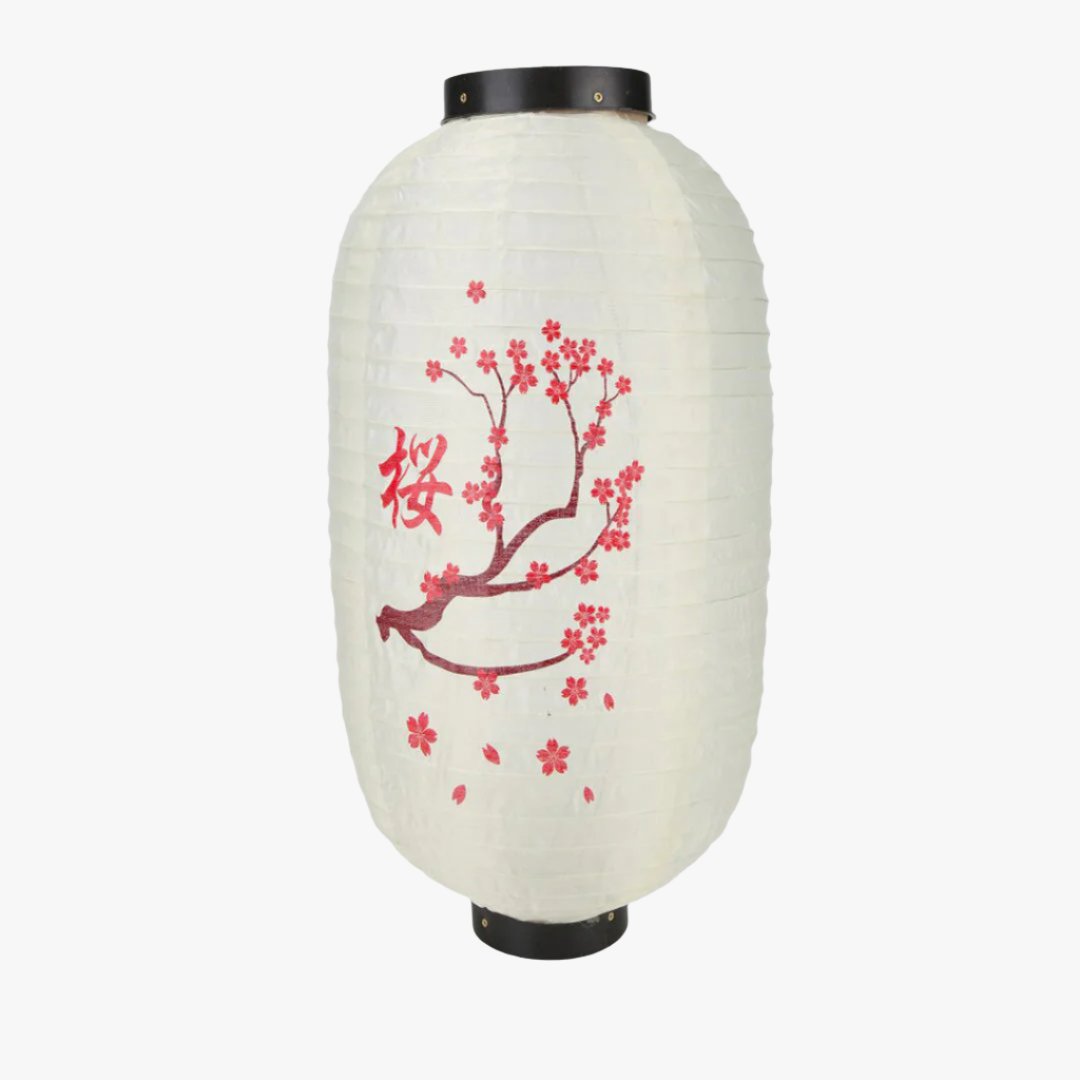 The Japanese paper lamp, or Chochin, is a beautifully crafted lantern made of paper and bamboo, perfect for traditional Japanese lighting. Japanese lamp printed with sakura flowers and kanji