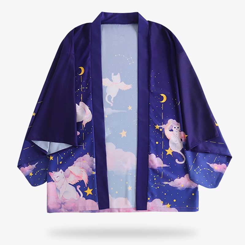 The kimono jacket blue is adorned with a Kawaii Japanese design, featuring a Maneki Neko cat and the moon