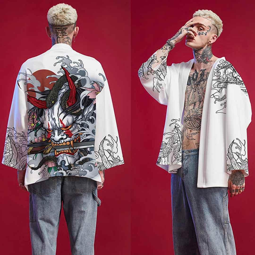 a man wearing a white kimono-jacket-oni