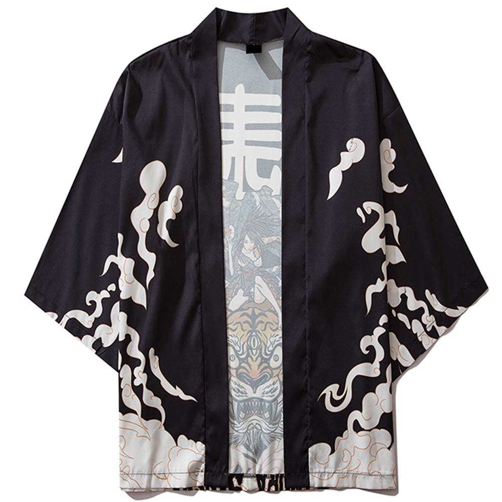 a black kimono manga with white cloud printed