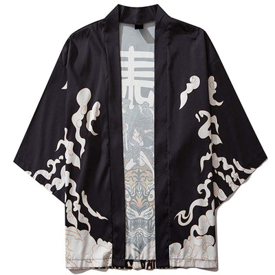 a black kimono manga with white cloud printed