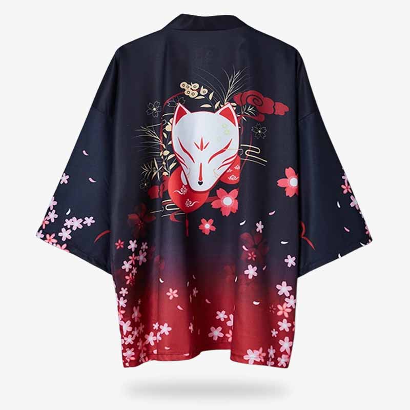 These kimono style jackets for women showcase a striking Japanese Kitsune fox mask design on the back, perfect for adding a touch of cultural elegance