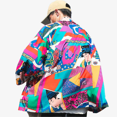 Person wearing a colorful, patterned kimono-ukiyo-e​ jacket with geisha characters on a white background