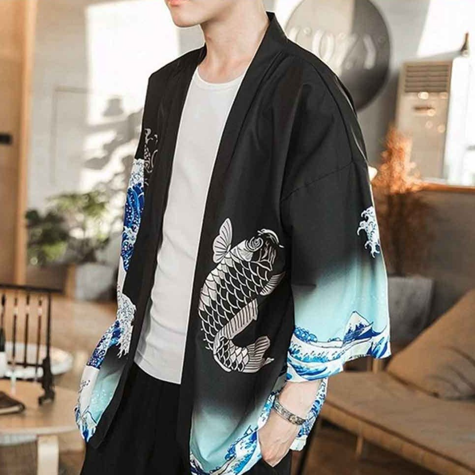 this kimono jacket is a man haori design printed with a koi carp symbol and the great wave of kanagawa prrinted