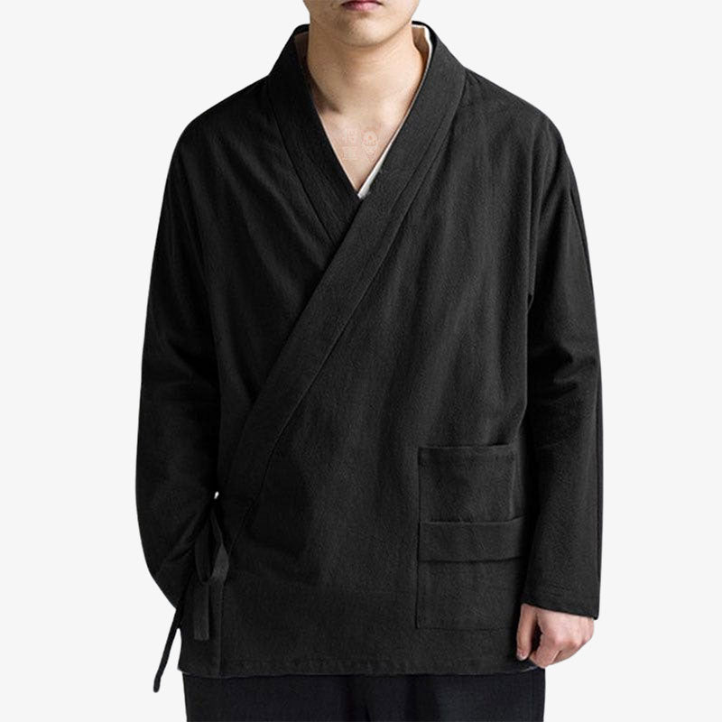 Mens black Japanese samue style shirt with a cross-tie closure, and long sleeves reflecting simplicity and traditional craftsmanship