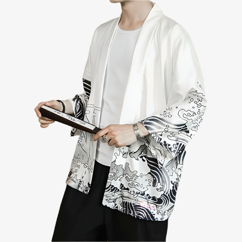 Person wearing a white Mens dragon kimono robe combining plush materials with elaborate dragon designs, perfect for elegant lounging or ceremonial wear with black and gray patterns, holding a book.