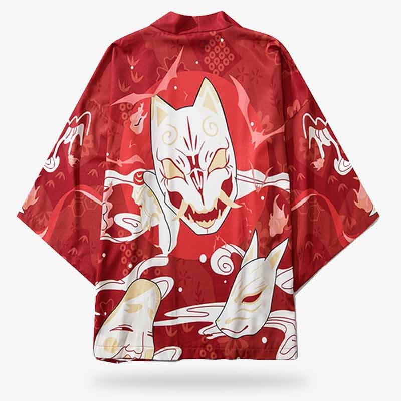 The modern kimono jacket pattern includes a beautiful Japanese Kitsune mask print, merging contemporary style with traditional Japanese elements.