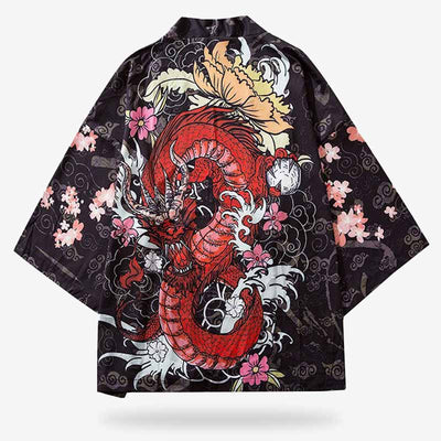 Stand out in the stunning red dragon kimono robe, adorned with vibrant dragon embroidery that symbolizes power and strength
