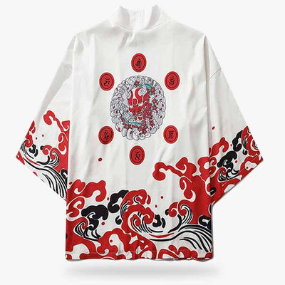 A red haori kimono style jacket with a large oni demon print on the back and traditional Japanese patterns.