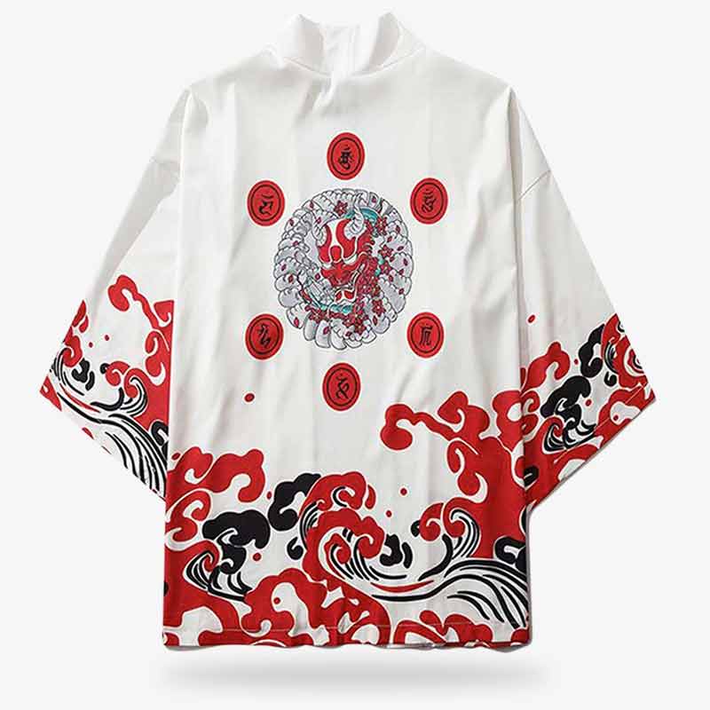 A red haori kimono style jacket with a large oni demon print on the back and traditional Japanese patterns.