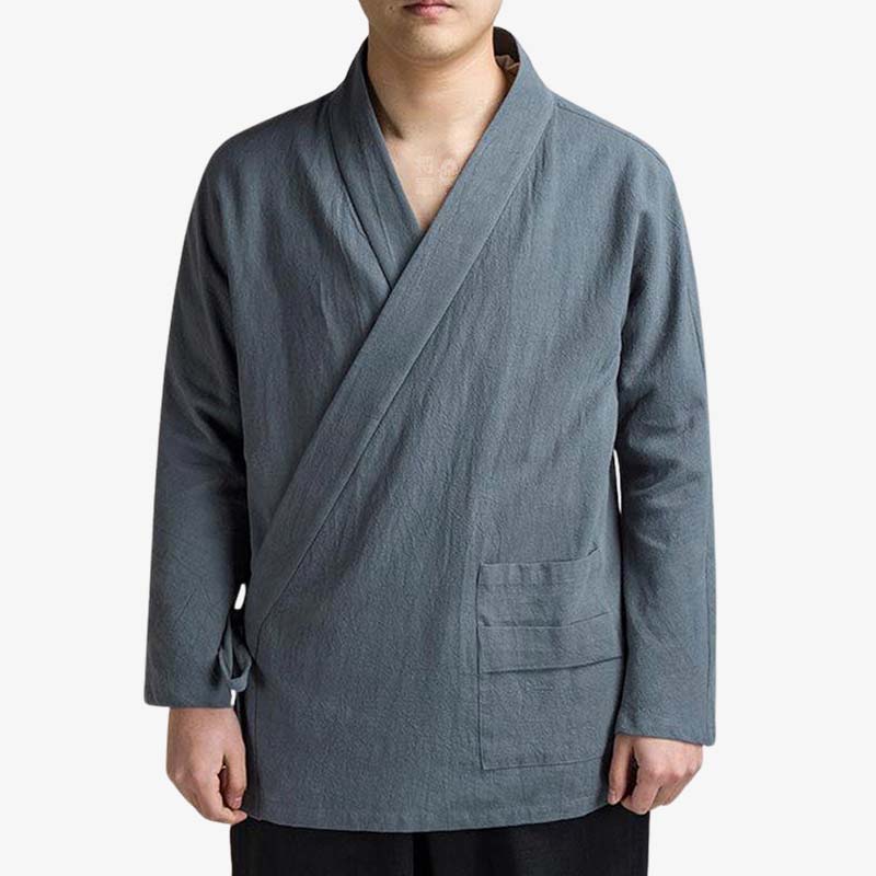 a man is dressed with a Samue Japanese clothing available in the UK, offering classic designs for fans of authentic and minimalist Japanese fashion.
