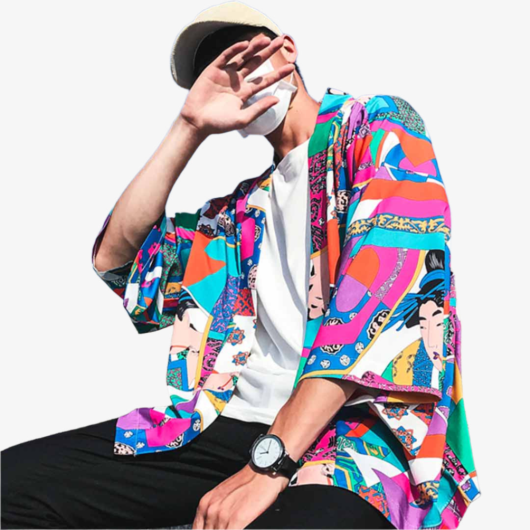 Person wearing a colorful ukiyo-e-kimono-haori patterned scarf with a white background