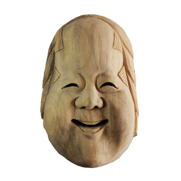 Wooden mask representing a smiling face from Japanese noh theater