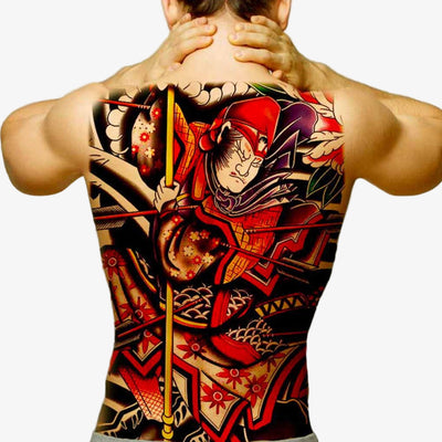 A Yakuza temporary tattoo featuring a colorful design of a samurai character in a dynamic pose.