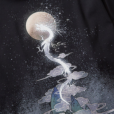 A dragon and a full moon printe on the Yukata Yume 2kk on black material